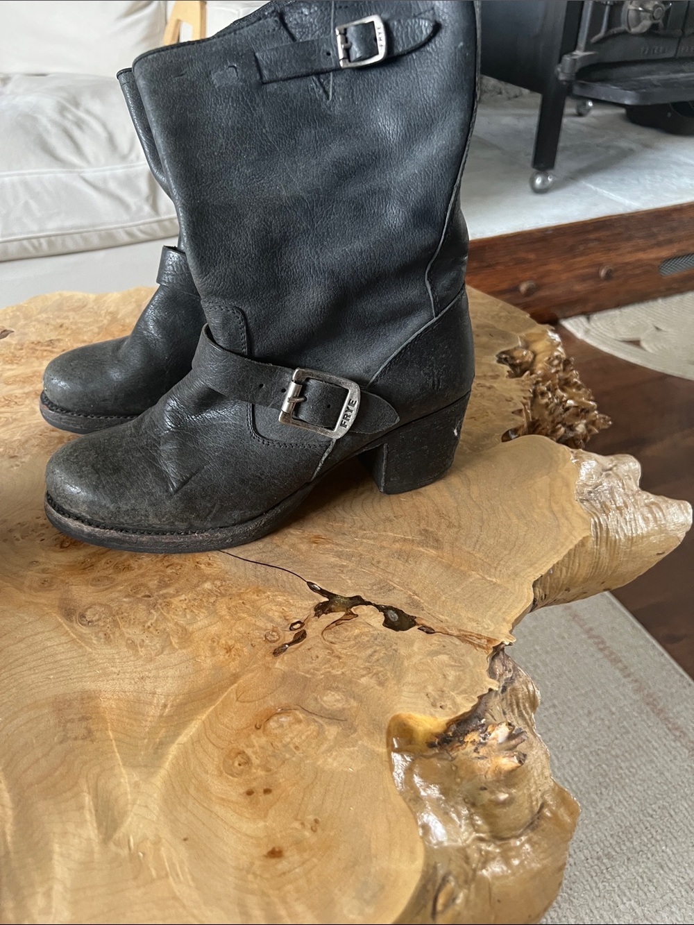 Frye Black Leather Mid-Calf Buckle Heeled Boots